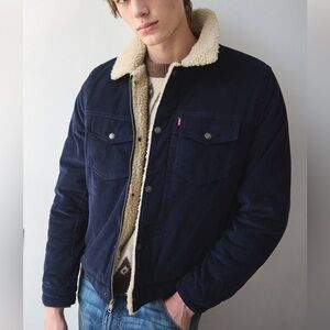 Levi's Men's Corduroy Sherpa Trucker Button Jacket, Navy, Size Large